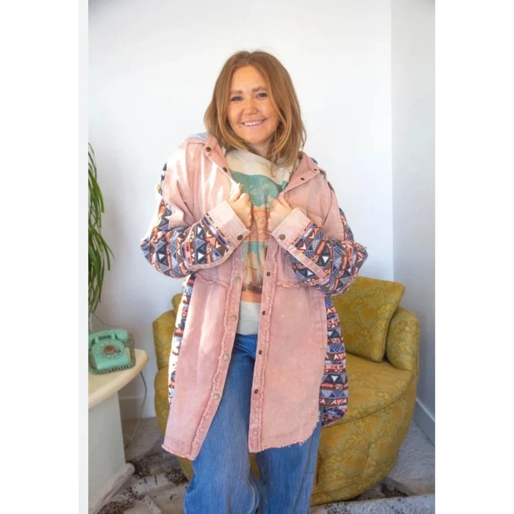 Olie & Hali  Hooded Shacket Large Peach Southwestern Distressed Boho jacket